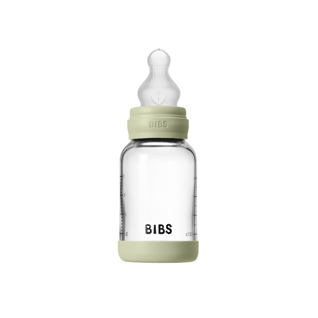 Set complet biberon din sticla BIBS anticolici cu tetina din silicon flux lent, 120 ml, Sage