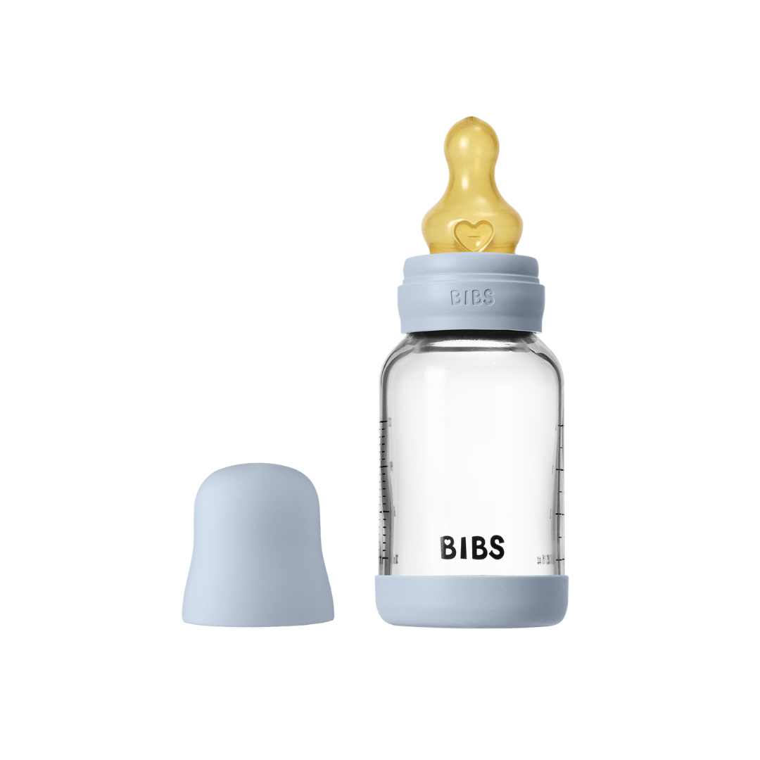 Set complet biberon BIBS din sticla anticolici cu tetina din latex, flux lent, 120 ml, Baby Blue