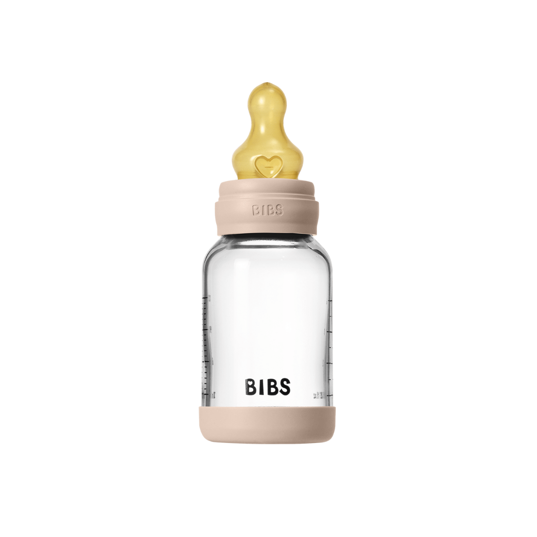 Set complet biberon BIBS din sticla anticolici cu tetina din latex, flux lent, 120 ml, Blush
