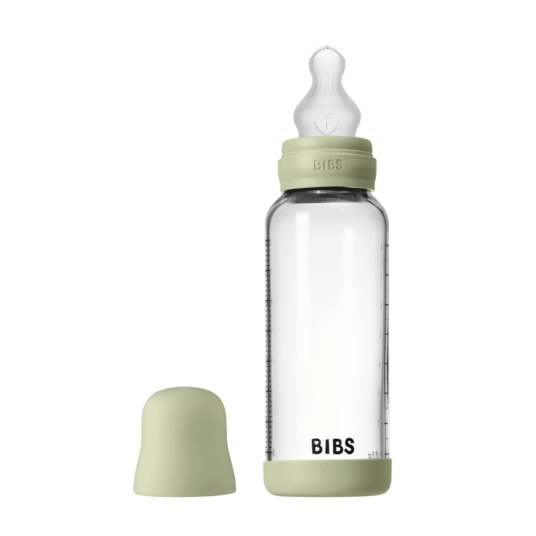 Set complet biberon BIBS din sticla anticolici cu tetina din silicon, flux mediu, 240 ml, Sage