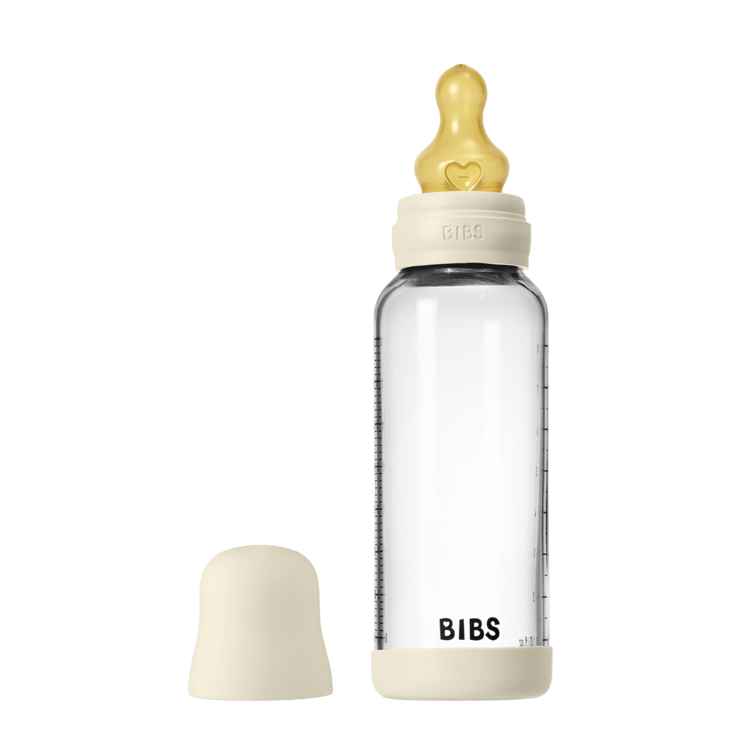 Set complet biberon BIBS din sticla anticolici cu tetina din latex, flux mediu, 240 ml, Ivory