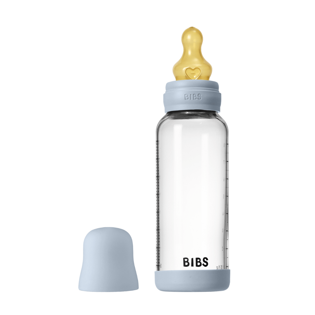 Set complet biberon BIBS din sticla anticolici cu tetina din latex, flux mediu, 240 ml, Baby Blue