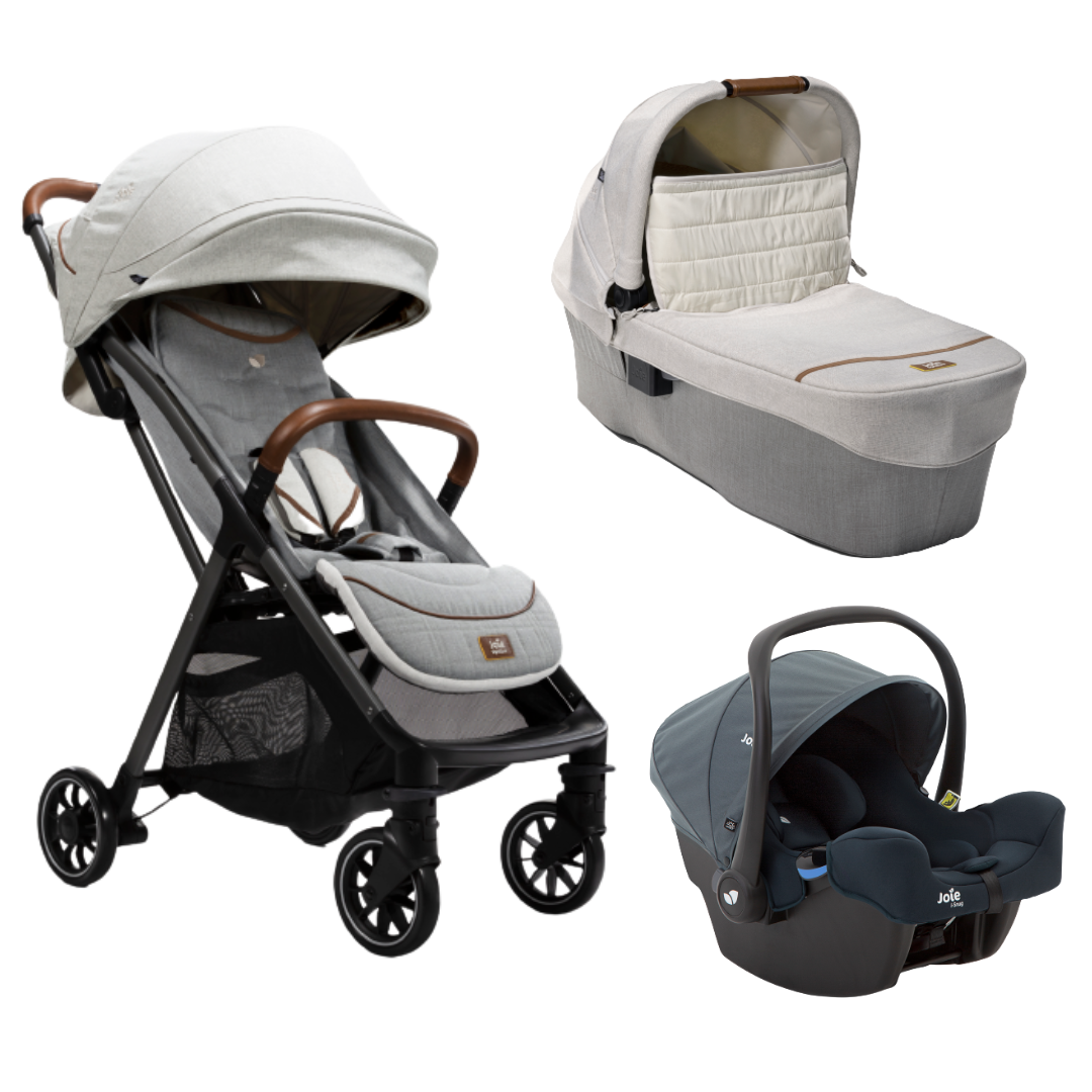 Carucior pentru copii ultracompact Joie 3 in 1 Parcel Oyster / i-Snug Lagoon ( Carucior Parcel Oyster + Landou Ramble XL Oyster + Scoica auto i-Snug cu tetiera reglabila, nastere - 75 cm, Lagoon)