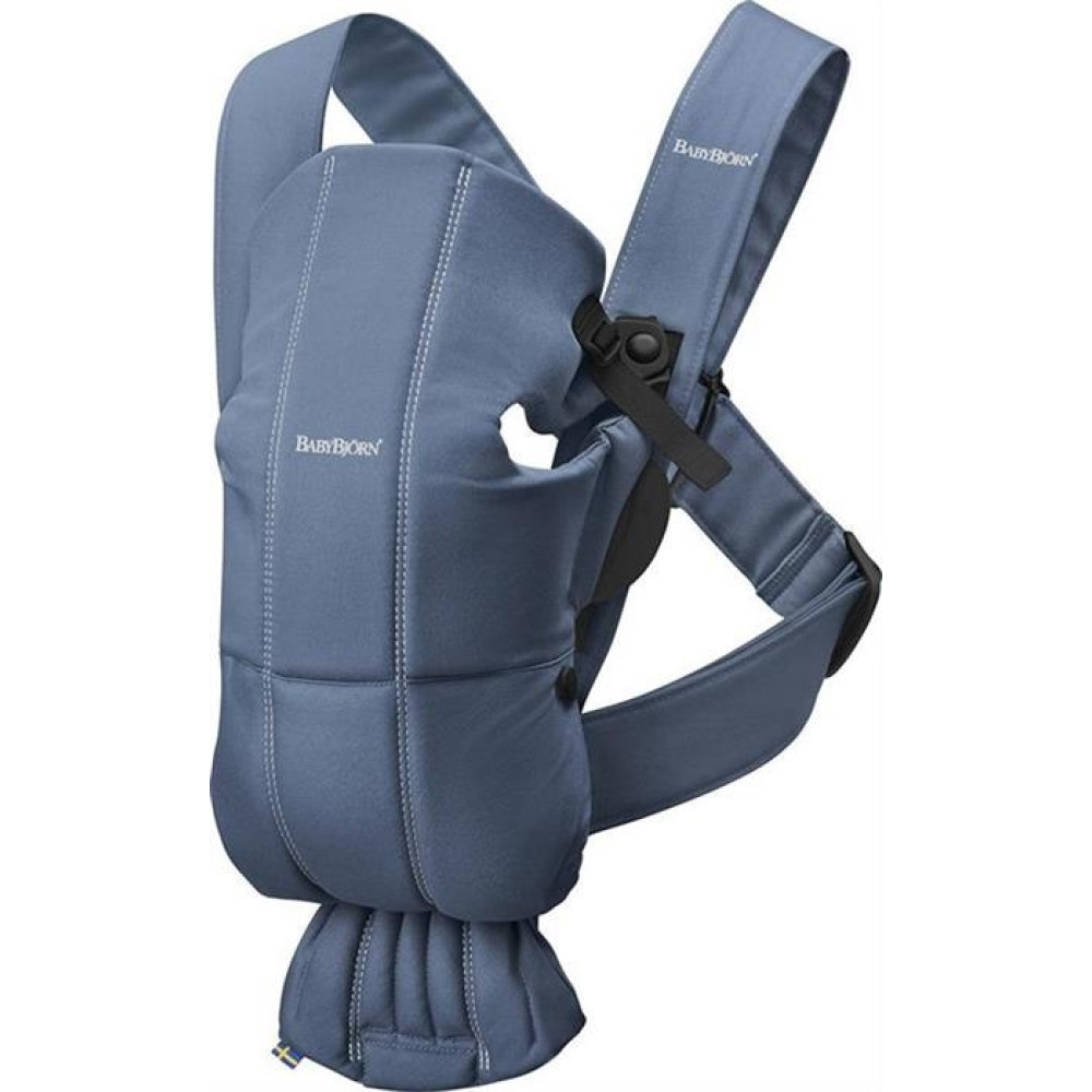 BabyBjorn - Marsupiu anatomic Mini, cu pozitii multiple de purtare – Vintage Indigo, Bumbac