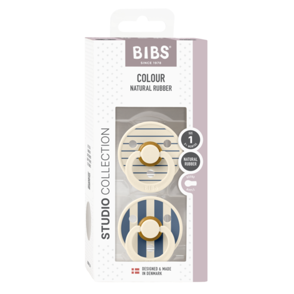 BIBS - Set 2 suzete Colour Studio Collection Stripe Latex, tetina rotunda, 0 luni+