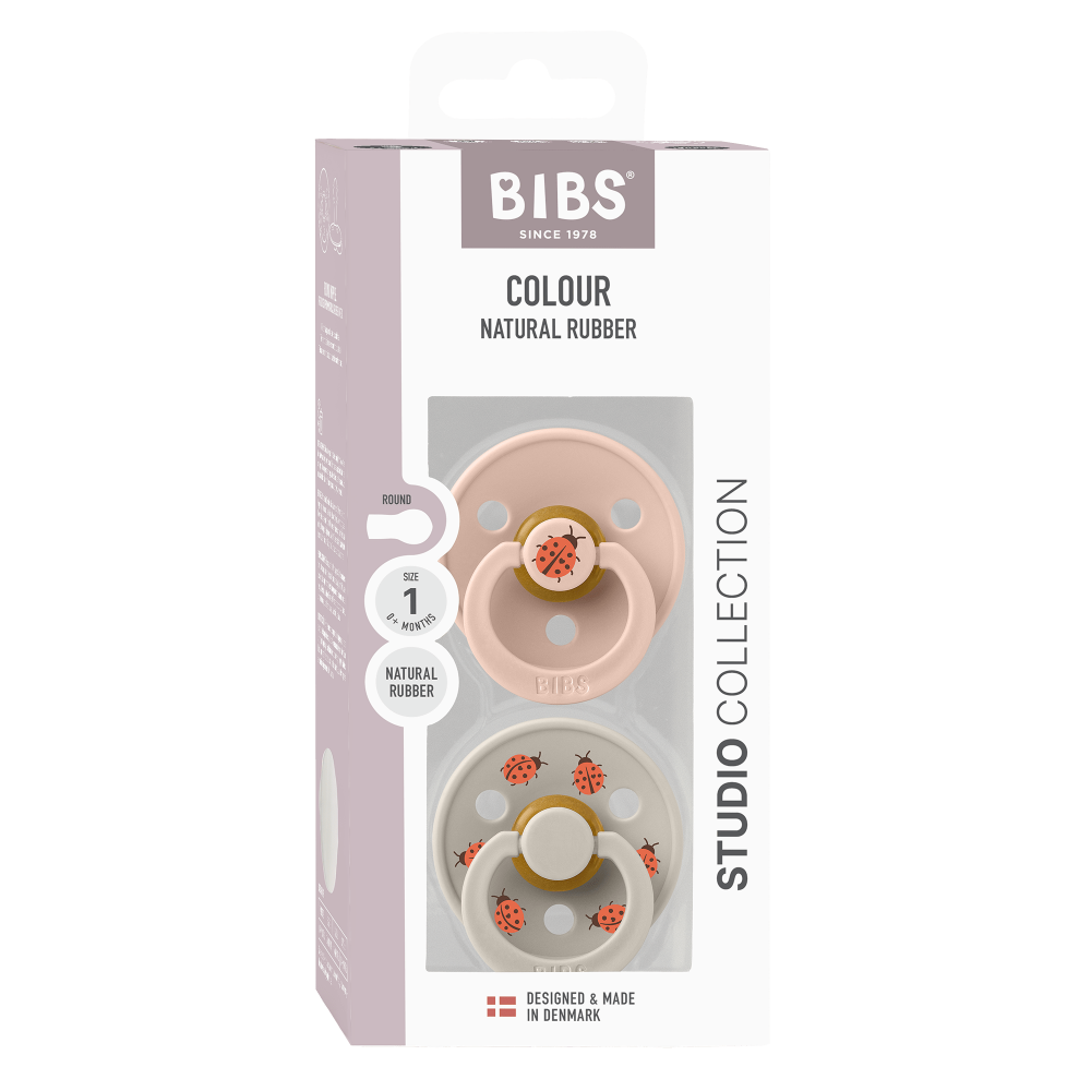 Set 2 suzete BIBS Colour Studio Collection Ladybug Latex, tetina rotunda, 0 luni+-Blush Mix