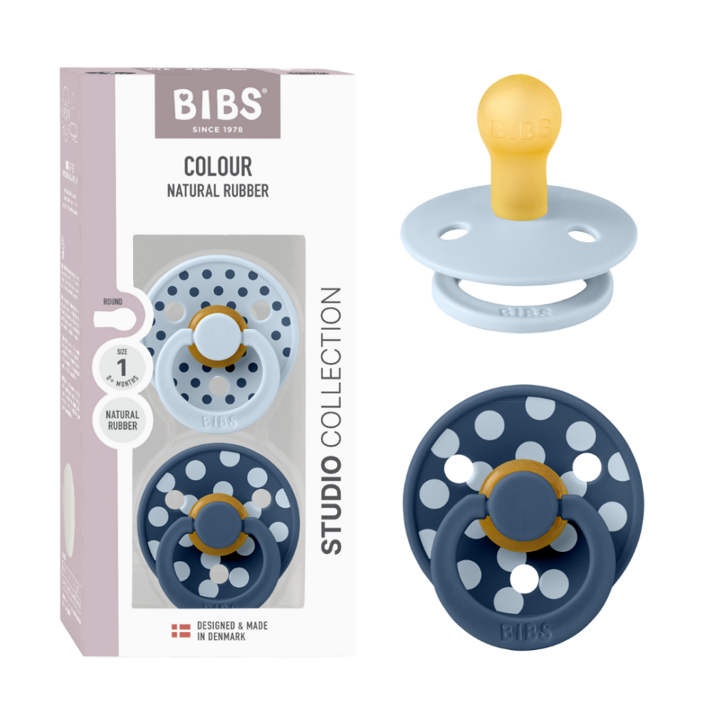 BIBS - Set 2 suzete Colour Studio Collection Polka Dots, tetina rotunda, 0 luni+