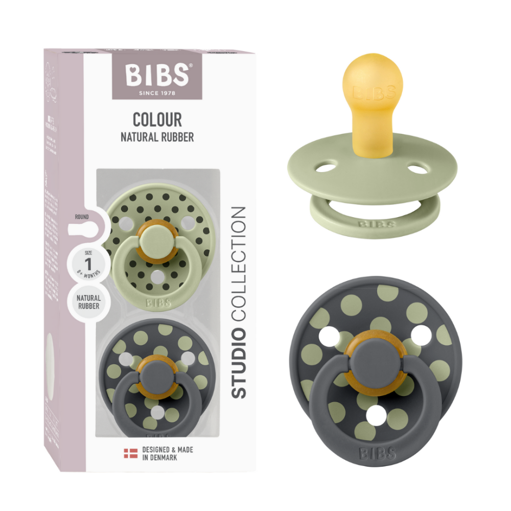 BIBS - Set 2 suzete Colour Studio Collection Polka Dots, tetina rotunda, 0 luni+