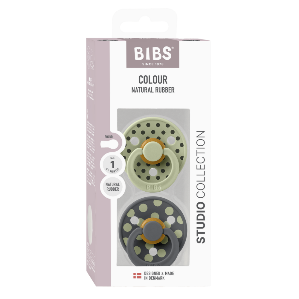 BIBS - Set 2 suzete Colour Studio Collection Polka Dots, tetina rotunda, 0 luni+
