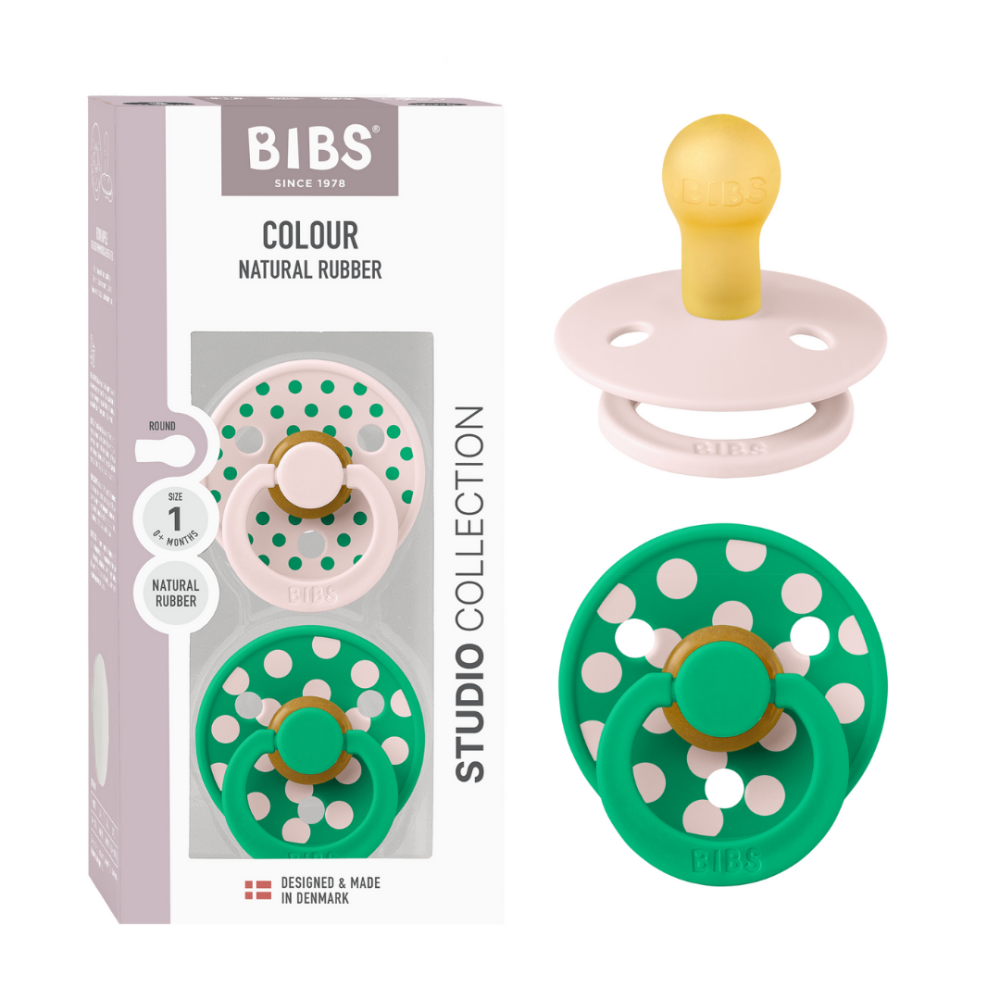 BIBS - Set 2 suzete Colour Studio Collection Polka Dots, tetina rotunda, 0 luni+