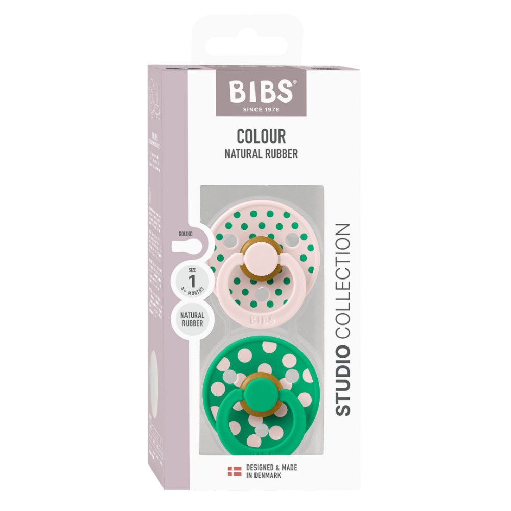 BIBS - Set 2 suzete Colour Studio Collection Polka Dots, tetina rotunda, 0 luni+