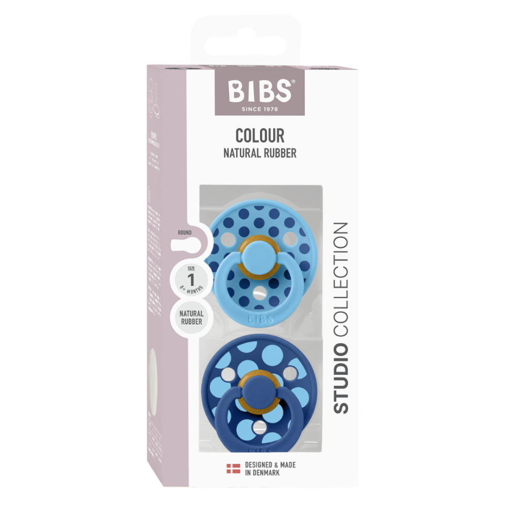 BIBS - Set 2 suzete Colour Studio Collection Polka Dots, tetina rotunda, 0 luni+