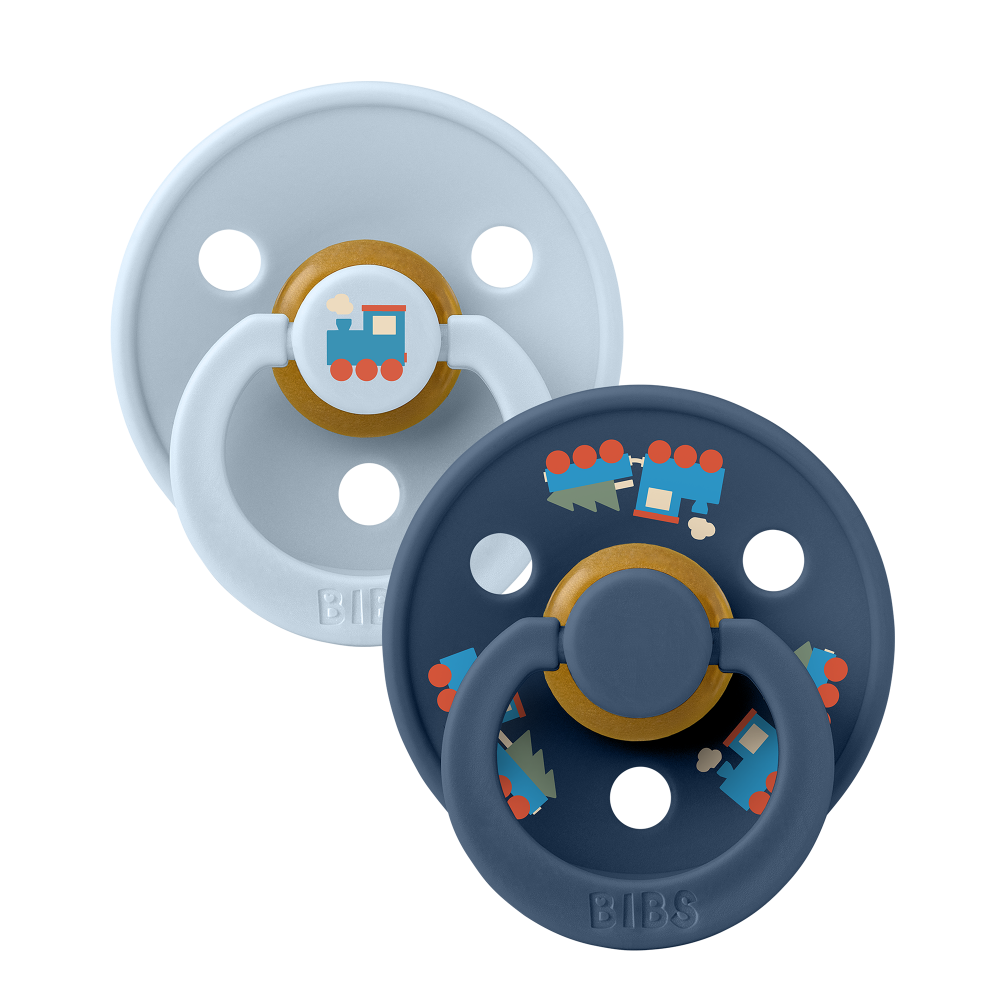 Set 2 suzete BIBS Colour Studio Collection Holiday Train Steel, tetina rotunda, 6 luni+, Baby Blue