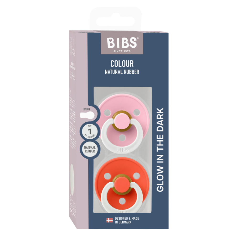 BIBS - Set 2 suzete fosforescente Colour Glow Latex, tetina rotunda, 0 luni +