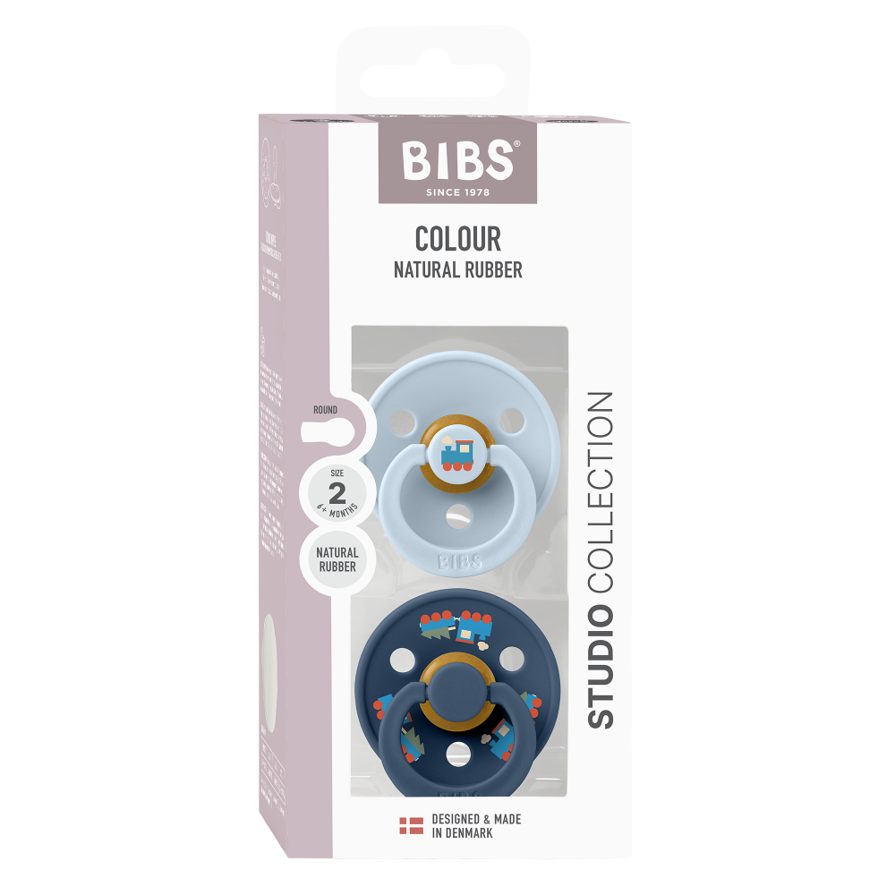 Set 2 suzete BIBS Colour Studio Collection Holiday Train Steel, tetina rotunda, 6 luni+, Baby Blue
