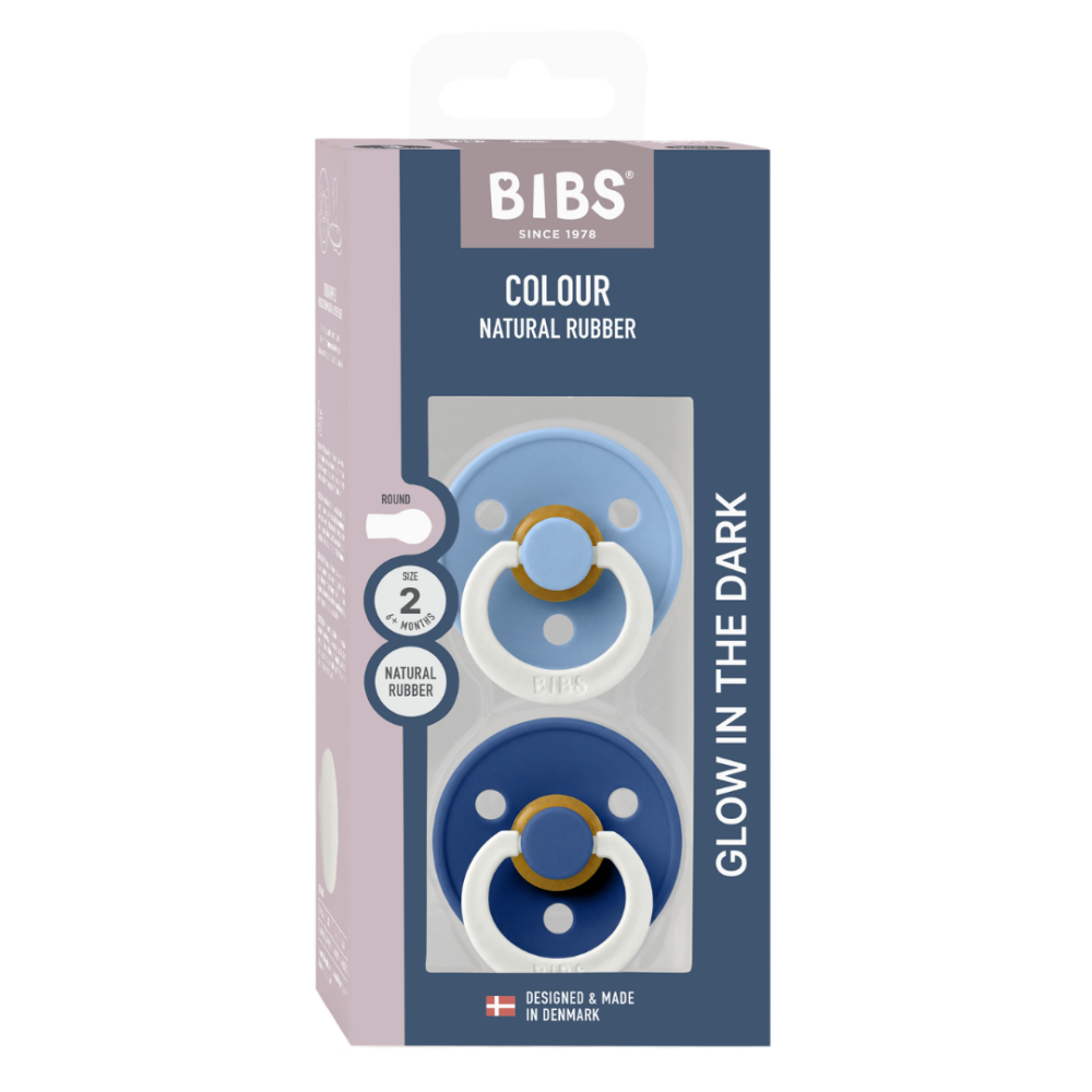 BIBS - Set 2 suzete fosforescente Colour Glow Latex, tetina rotunda, 6 luni +
