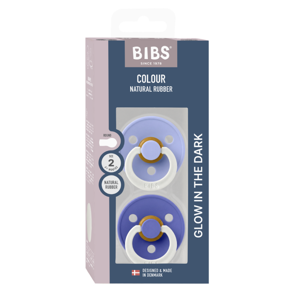 BIBS - Set 2 suzete fosforescente Colour Glow Latex, tetina rotunda, 6 luni +