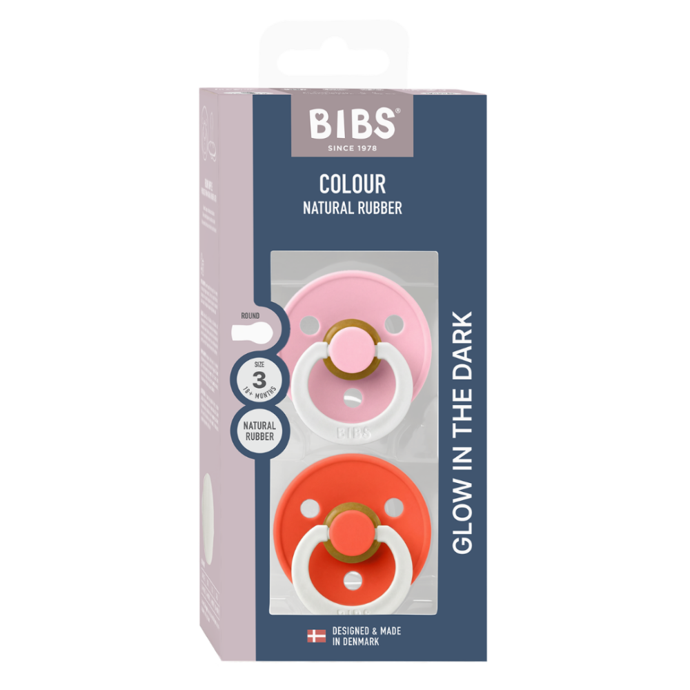 BIBS - Set 2 suzete fosforescente Colour Glow Latex, tetina rotunda, 18 luni +