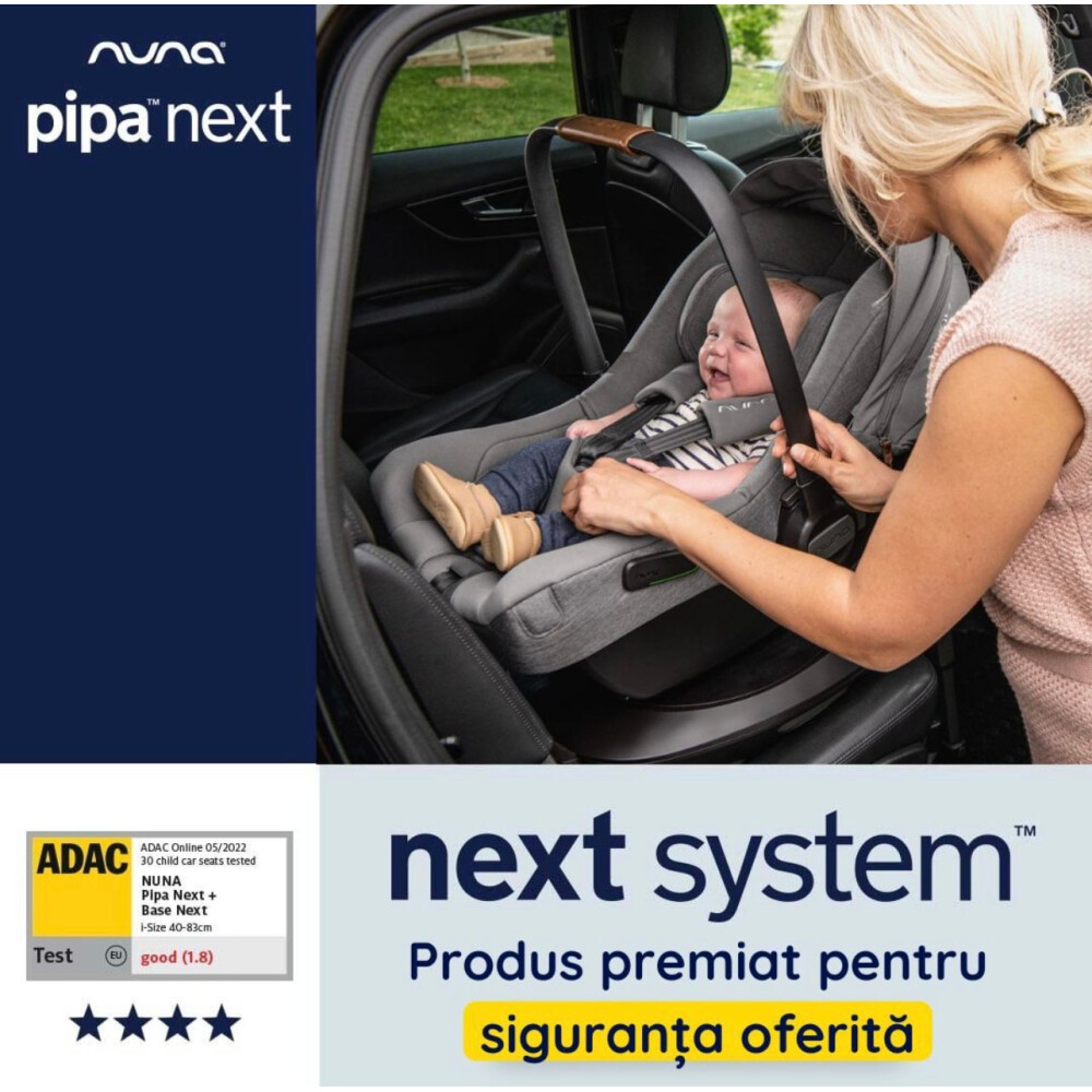 Scoica auto pentru copii Nuna i-Size PIPA Next Granite, nastere - 83 cm, testata ADAC si testata Suplimentar la impact lateral, frontal si din spate