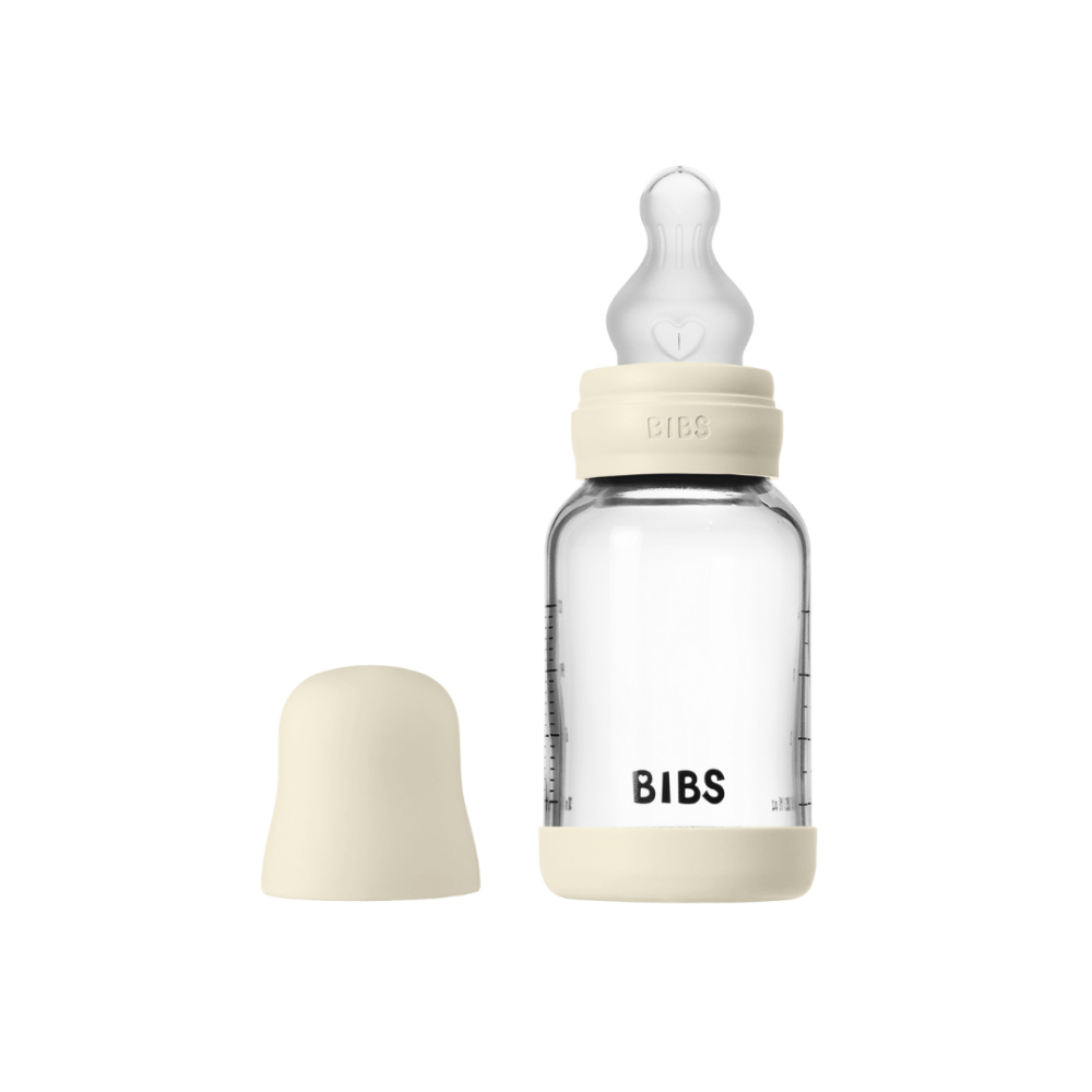 Set complet biberon BIBS din sticla anticolici cu tetina din silicon flux lent, 120 ml, Ivory