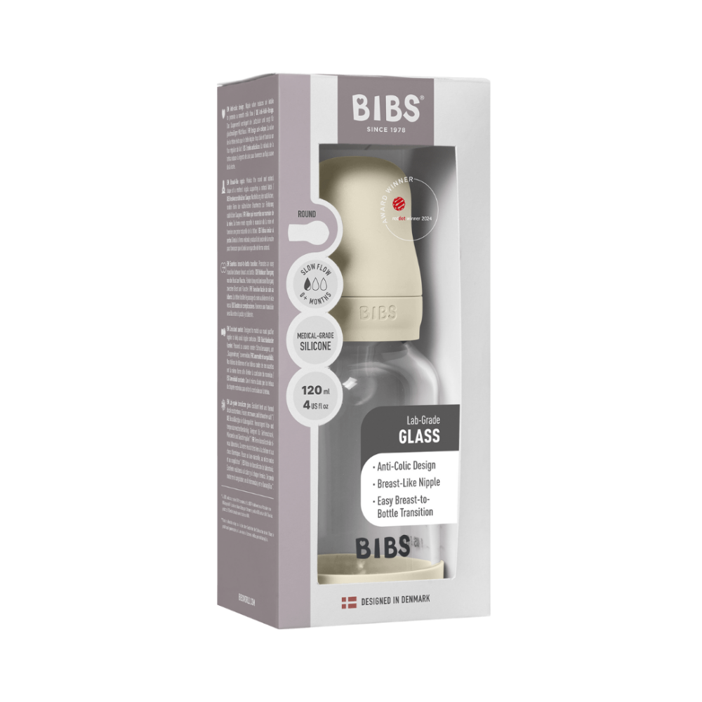 Set complet biberon BIBS din sticla anticolici cu tetina din silicon flux lent, 120 ml, Ivory