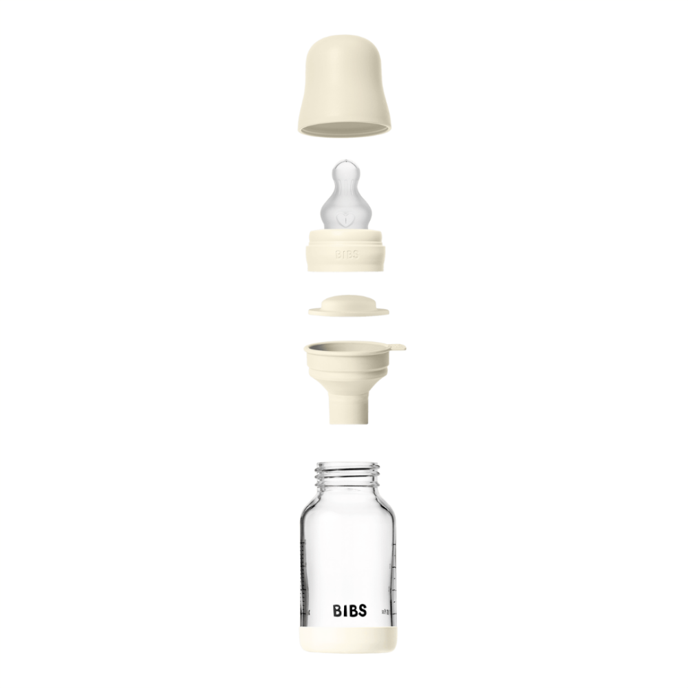Set complet biberon BIBS din sticla anticolici cu tetina din silicon flux lent, 120 ml, Ivory