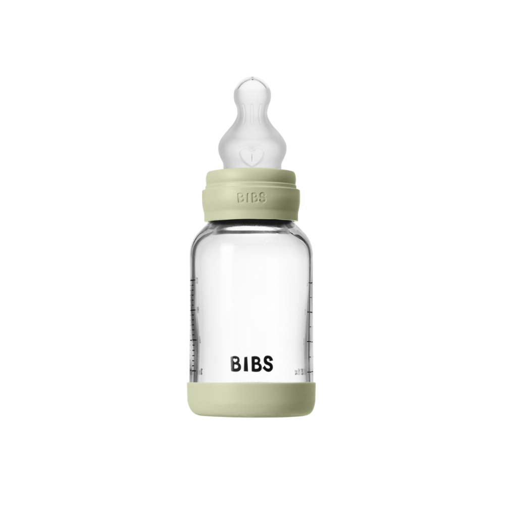 Set complet biberon din sticla BIBS anticolici cu tetina din silicon flux lent, 120 ml, Sage