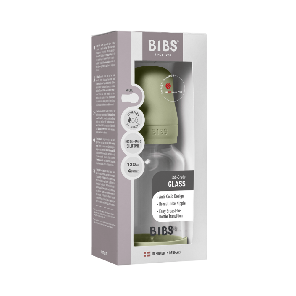 Set complet biberon din sticla BIBS anticolici cu tetina din silicon flux lent, 120 ml, Sage