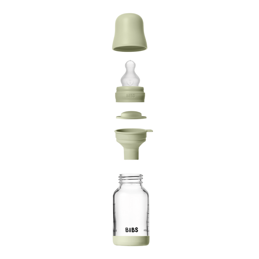Set complet biberon din sticla BIBS anticolici cu tetina din silicon flux lent, 120 ml, Sage