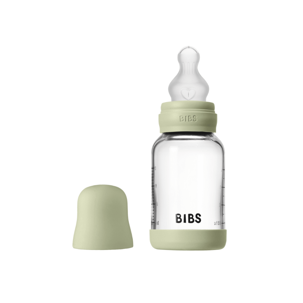 Set complet biberon din sticla BIBS anticolici cu tetina din silicon flux lent, 120 ml, Sage
