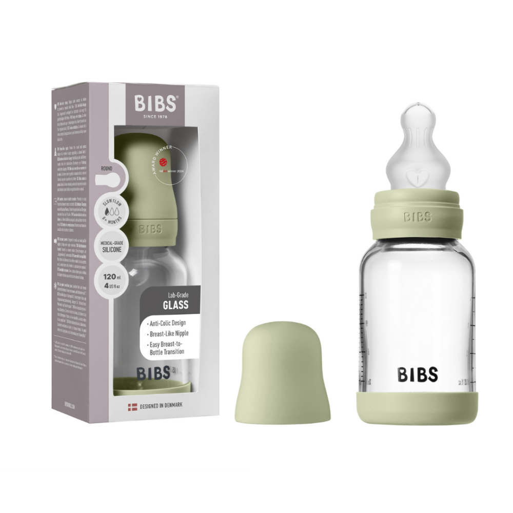 Set complet biberon din sticla BIBS anticolici cu tetina din silicon flux lent, 120 ml, Sage