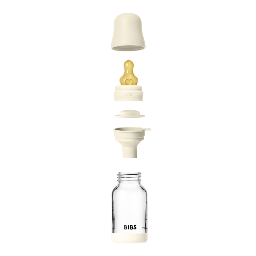 Set complet biberon din sticla BIBS anticolici cu tetina din latex, flux lent, 120 ml, Ivory