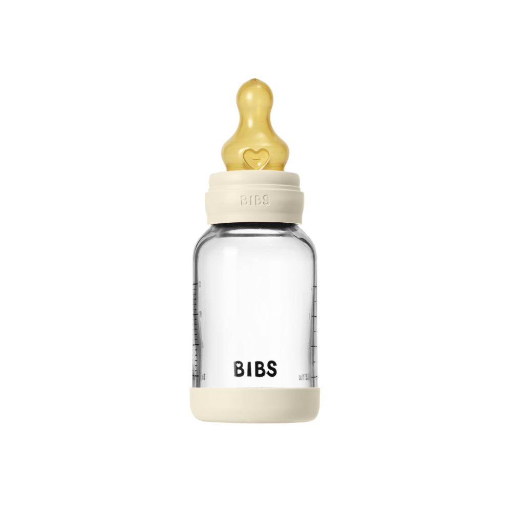 Set complet biberon din sticla BIBS anticolici cu tetina din latex, flux lent, 120 ml, Ivory