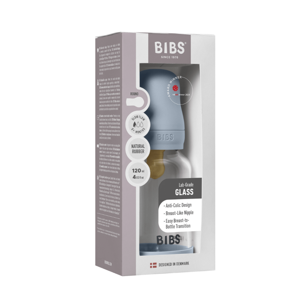 Set complet biberon BIBS din sticla anticolici cu tetina din latex, flux lent, 120 ml, Baby Blue