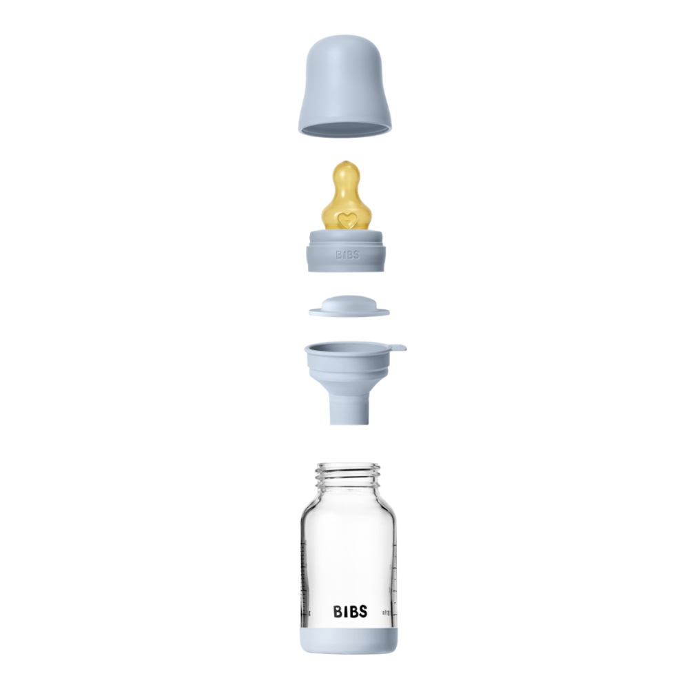 Set complet biberon BIBS din sticla anticolici cu tetina din latex, flux lent, 120 ml, Baby Blue