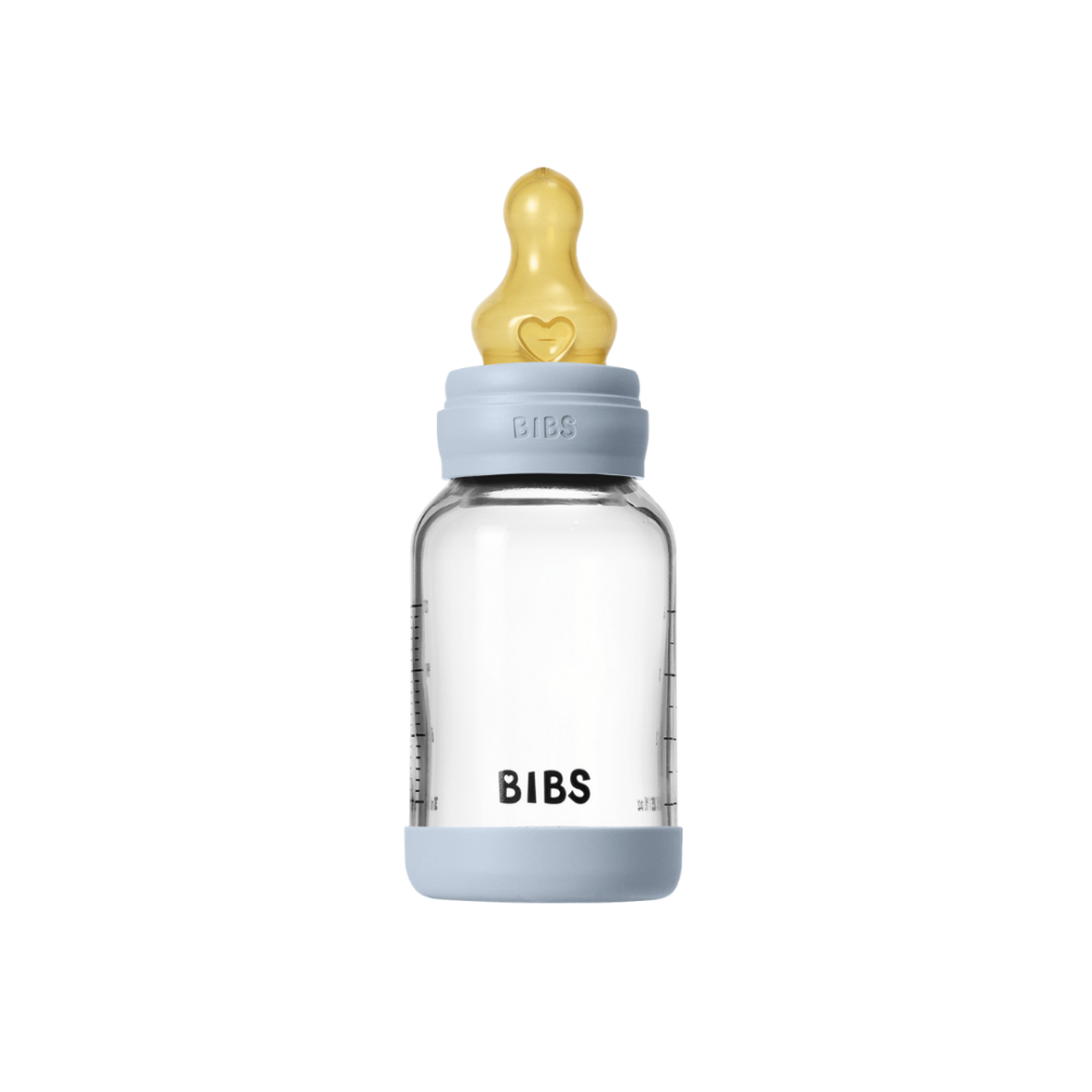 Set complet biberon BIBS din sticla anticolici cu tetina din latex, flux lent, 120 ml, Baby Blue