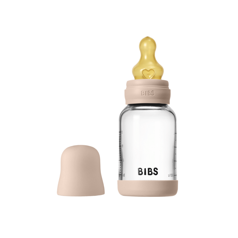 Set complet biberon BIBS din sticla anticolici cu tetina din latex, flux lent, 120 ml, Blush