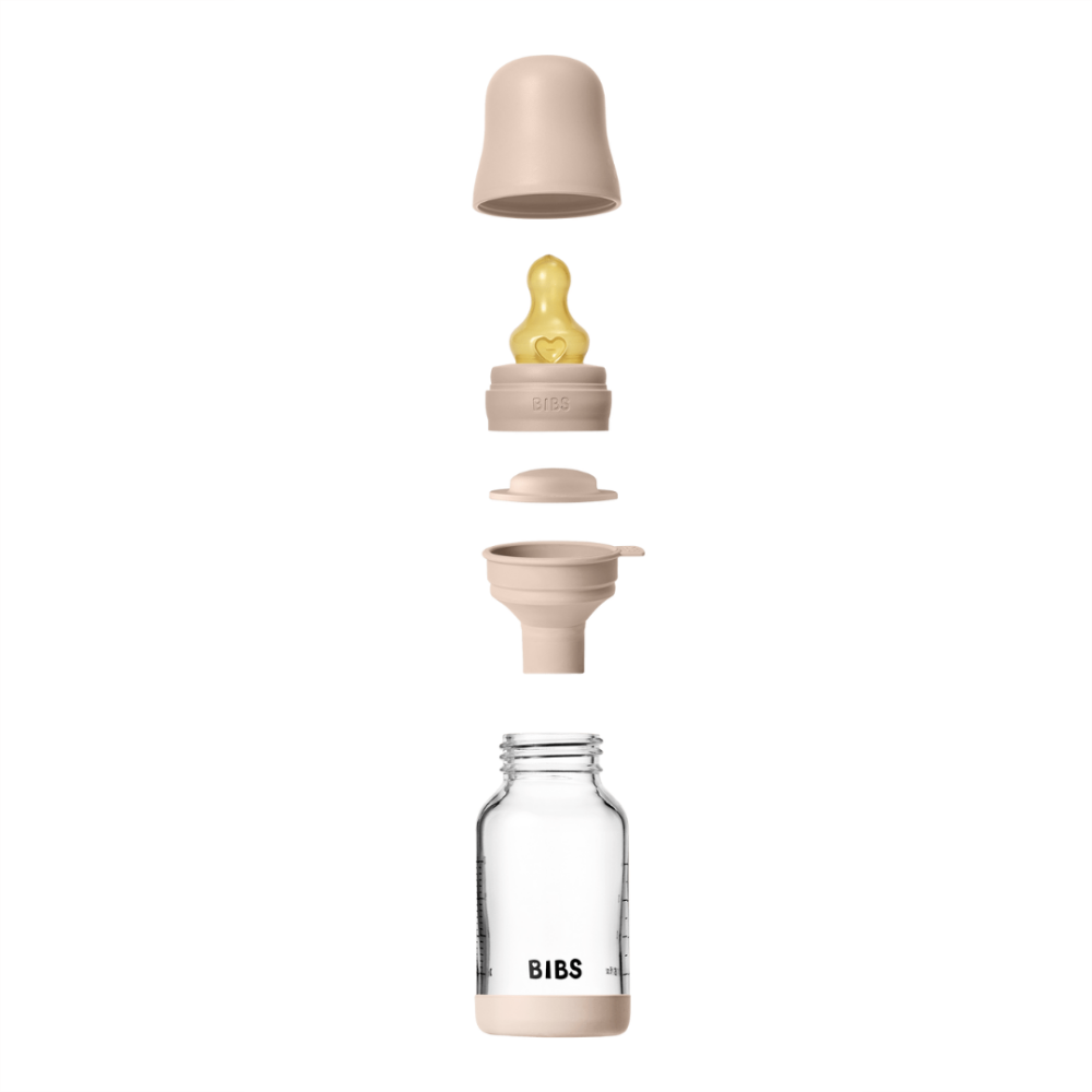 Set complet biberon BIBS din sticla anticolici cu tetina din latex, flux lent, 120 ml, Blush