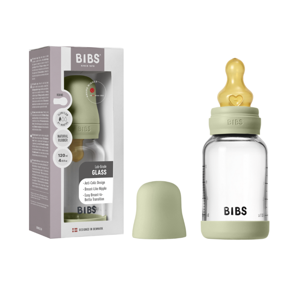 Set complet biberon BIBS din sticla anticolici cu tetina din latex, flux lent, 120 ml, Sage