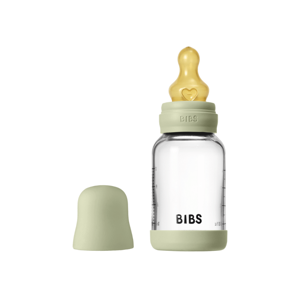 Set complet biberon BIBS din sticla anticolici cu tetina din latex, flux lent, 120 ml, Sage