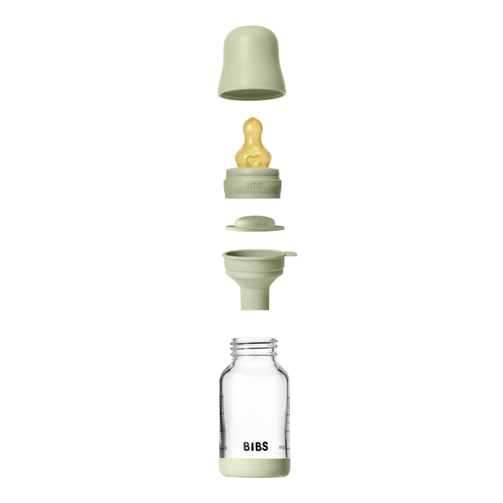 Set complet biberon BIBS din sticla anticolici cu tetina din latex, flux lent, 120 ml, Sage