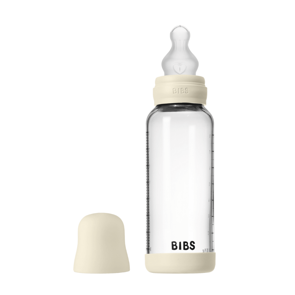 Set complet biberonBIBS din sticla anticolici cu tetina din silicon, flux mediu, 240 ml, Ivory