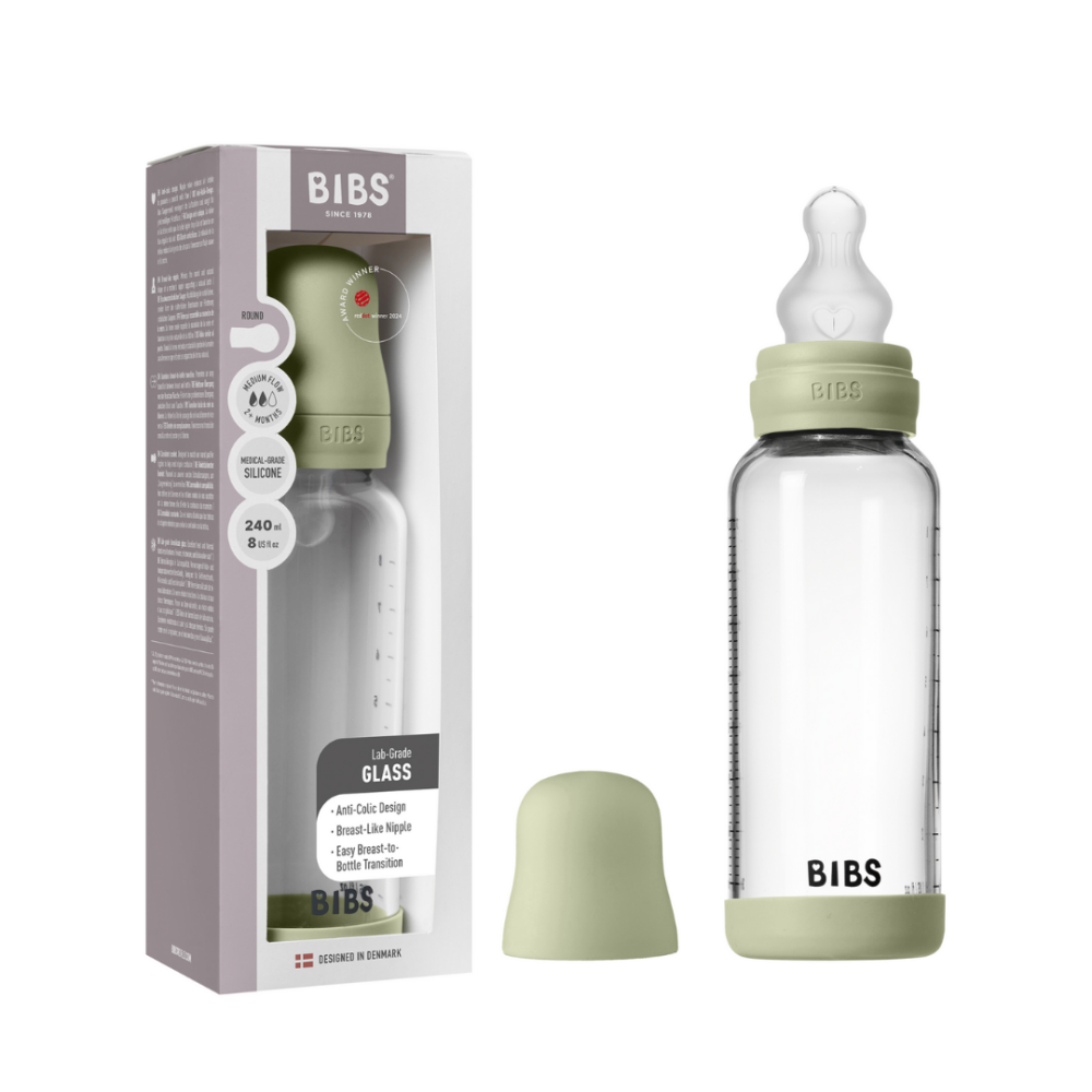Set complet biberon BIBS din sticla anticolici cu tetina din silicon, flux mediu, 240 ml, Sage