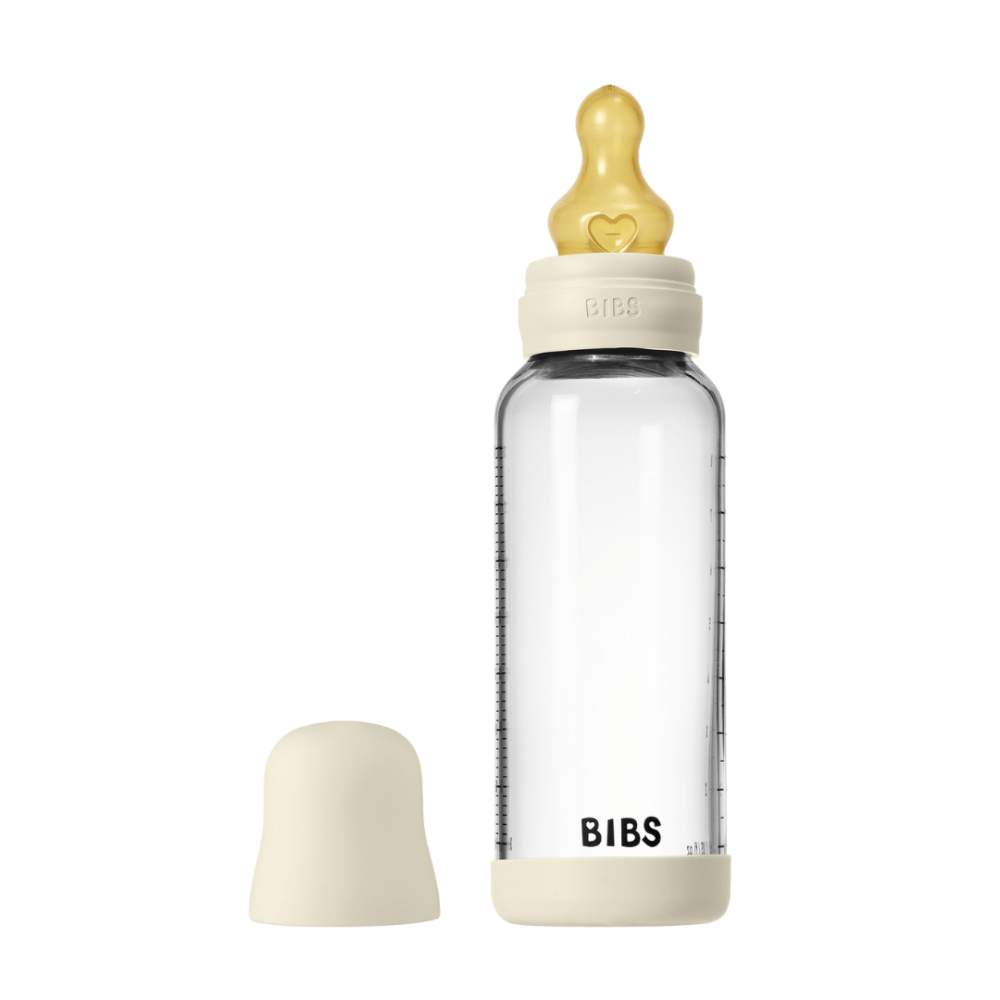 Set complet biberon BIBS din sticla anticolici cu tetina din latex, flux mediu, 240 ml, Ivory