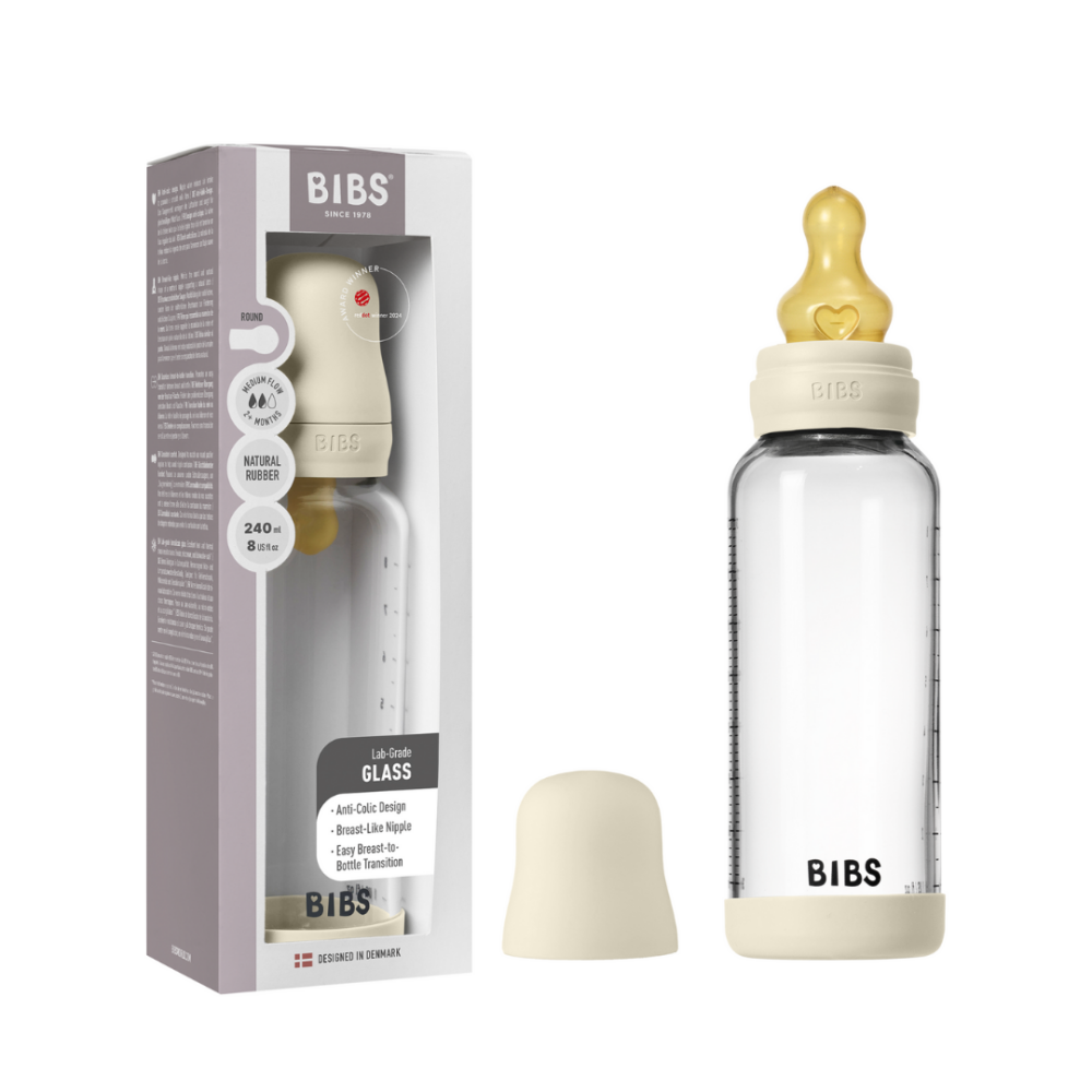 Set complet biberon BIBS din sticla anticolici cu tetina din latex, flux mediu, 240 ml, Ivory