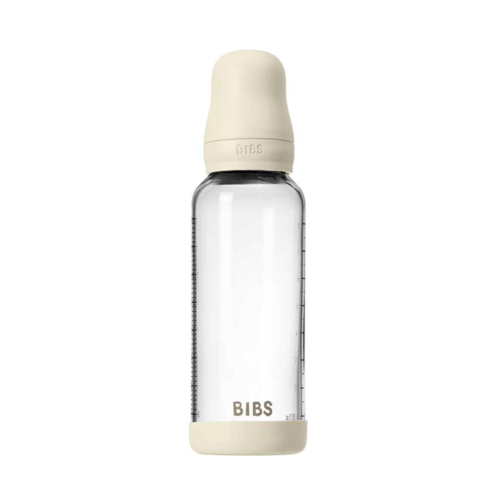 Set complet biberon BIBS din sticla anticolici cu tetina din latex, flux mediu, 240 ml, Ivory