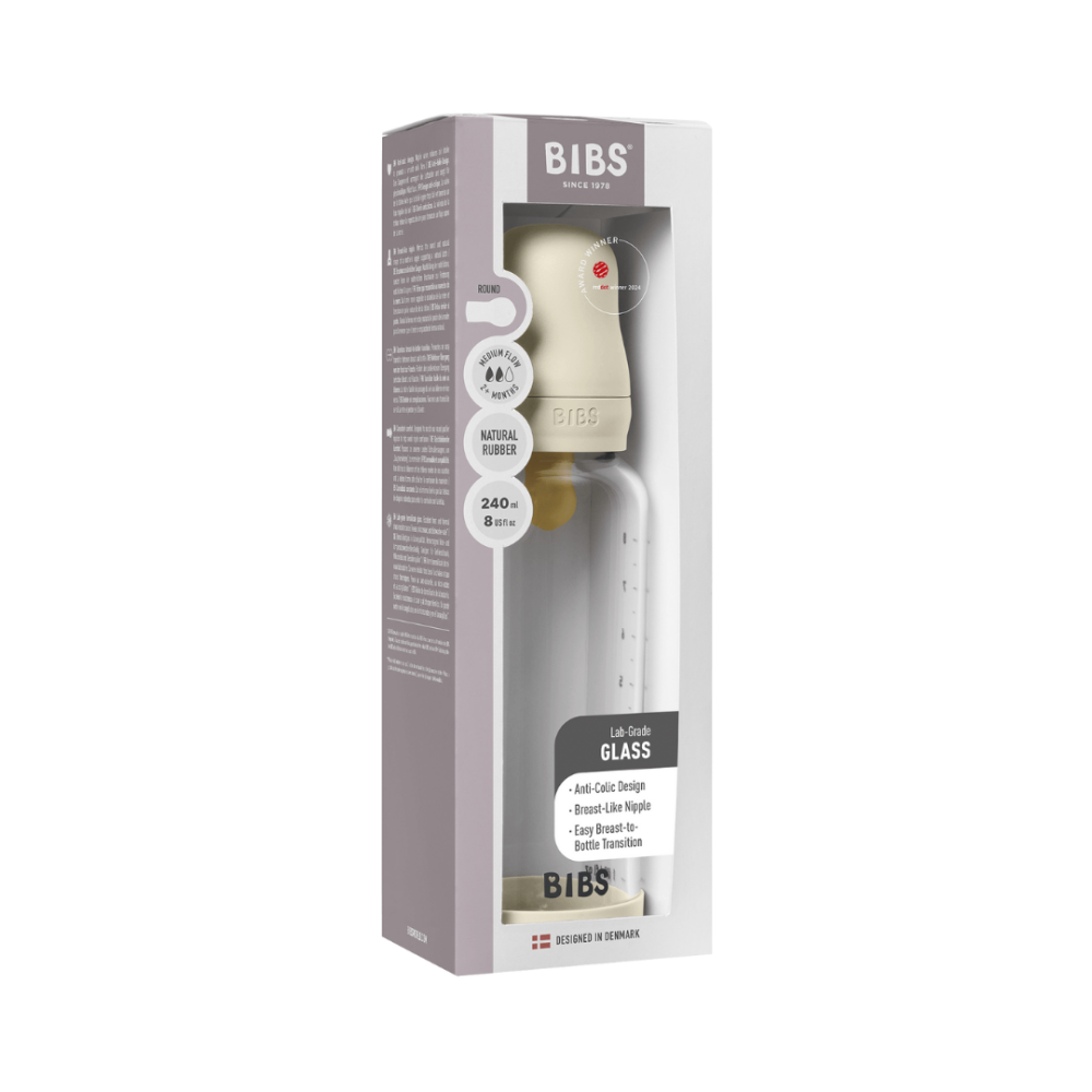 Set complet biberon BIBS din sticla anticolici cu tetina din latex, flux mediu, 240 ml, Ivory