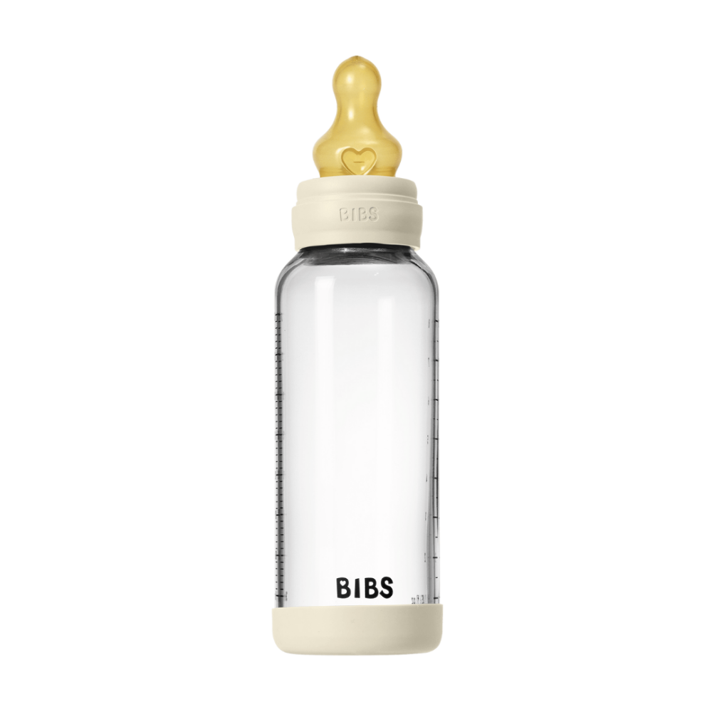 Set complet biberon BIBS din sticla anticolici cu tetina din latex, flux mediu, 240 ml, Ivory