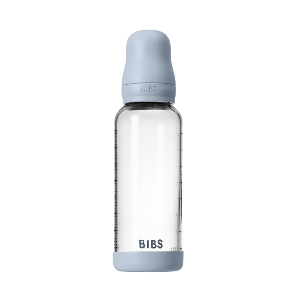 Set complet biberon BIBS din sticla anticolici cu tetina din latex, flux mediu, 240 ml, Baby Blue