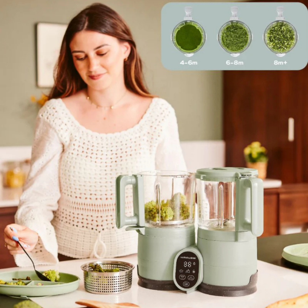 Robot multifunctional Babymoov Nutribaby Glass 4 in 1 din sticla si otel inoxidabil Celadon Green